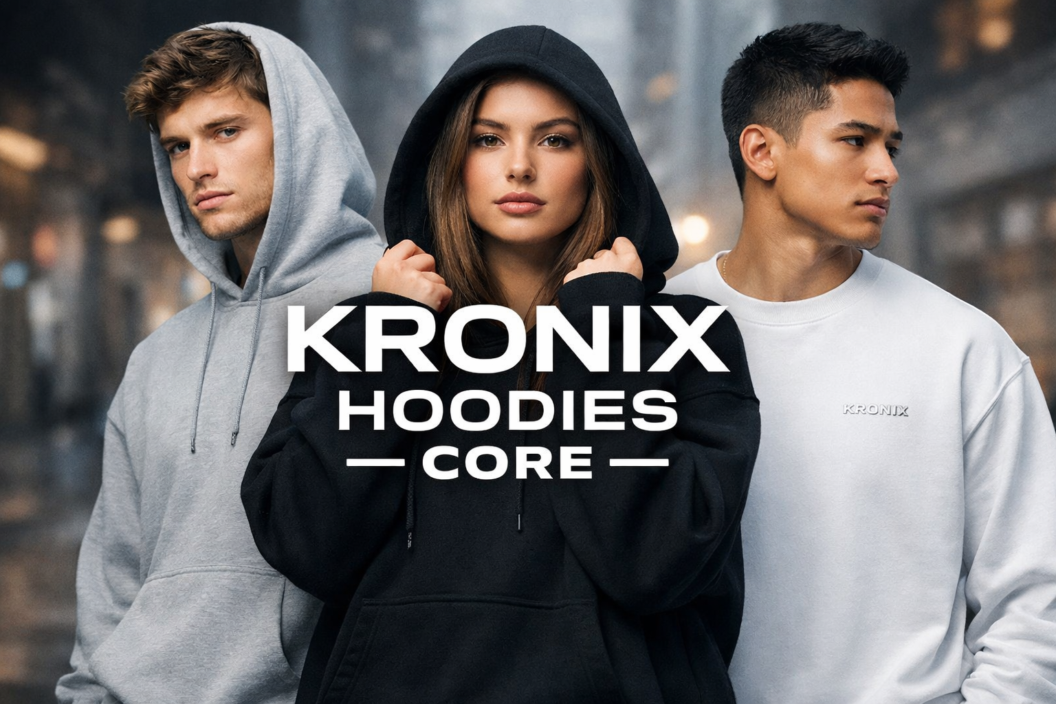 "Presentamos la colección Kronix Core: la definición del streetwear moderno. Disponibles en los colores fundamentales (gris, negro y blanco), estas sudaderas combinan una estética minimalista con una construcción robusta. Ideales para quien busca estilo y presencia en cualquier entorno urbano."